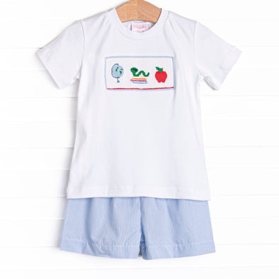 Global Studies Smocked Short Set, Blue Stripe