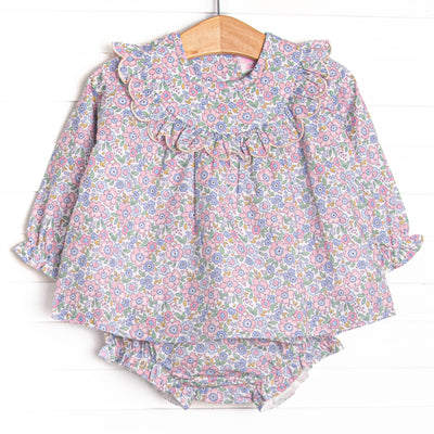  This set features a long sleeve top with a scalloped ruffle bib and a dainty pink floral print. Matching diaper cover to match. 