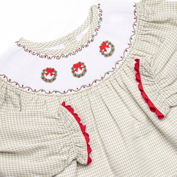 Wreath Wishes Smocked Bishop Dress, Green