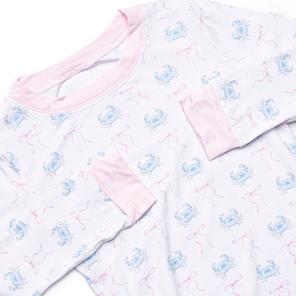 Blue Crab Bows Bamboo Pajama Set, Pink