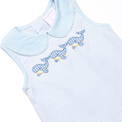 Blue Whale Waves Applique Ruffle Short Set, Blue