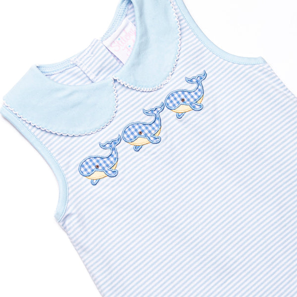 Blue Whale Waves Applique Ruffle Short Set, Blue