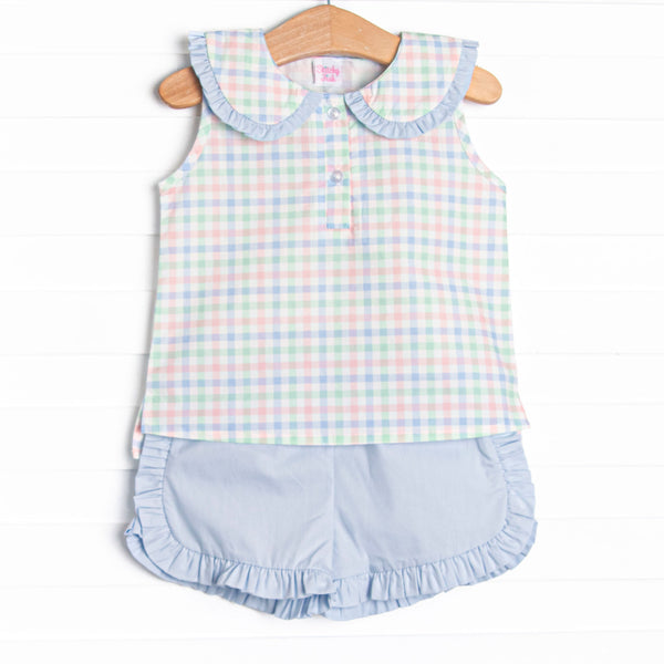 Paradise Plaid Ruffle Short Set, Blue