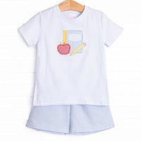 Composition Cutie Applique Short Set, Blue Seersucker