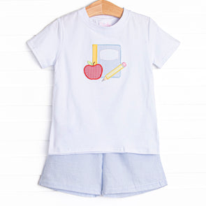 Composition Cutie Applique Short Set, Blue Seersucker