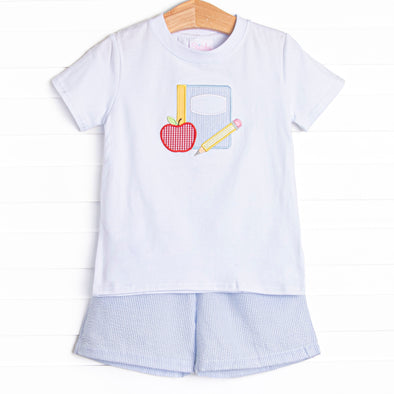 Composition Cutie Applique Short Set, Blue Seersucker