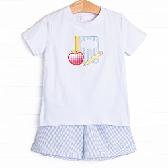 Composition Cutie Applique Short Set, Blue Seersucker