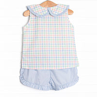 Paradise Plaid Ruffle Short Set, Blue