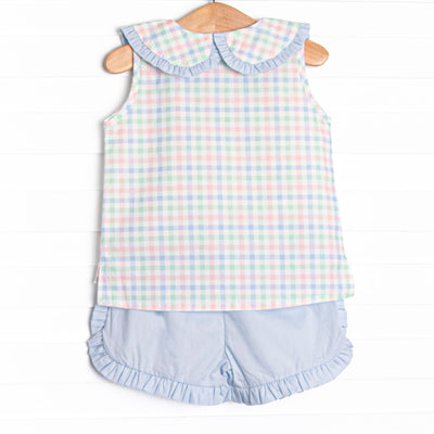 Paradise Plaid Ruffle Short Set, Blue