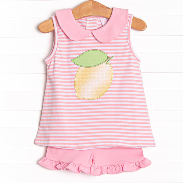 Pink Lady Lemon Applique Ruffle Short Set, Pink