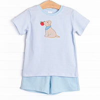  This set features a blue striped print, a puppy applique, and blue shorts to match. 