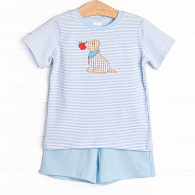  This set features a blue striped print, a puppy applique, and blue shorts to match. 