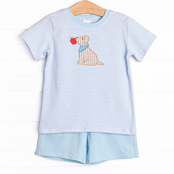  This set features a blue striped print, a puppy applique, and blue shorts to match. 