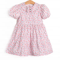 Cherry Tree Blooms Puff Sleeve Dress, Red