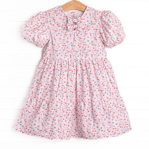 Cherry Tree Blooms Puff Sleeve Dress, Red