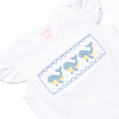 Blue Whale Waves Smocked Ruffle Short Set, Blue