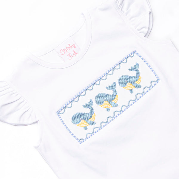 Blue Whale Waves Smocked Ruffle Short Set, Blue