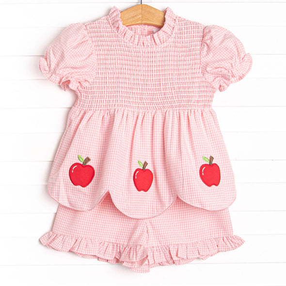 Schoolyard Scallops Applique Ruffle Short Set, Pink