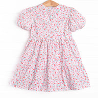 Cherry Tree Blooms Puff Sleeve Dress, Red