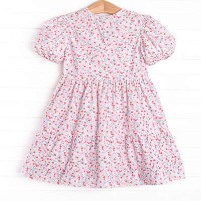 Cherry Tree Blooms Puff Sleeve Dress, Red