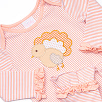 Rufflin' Feathers Applique Romper, Pink Stripe