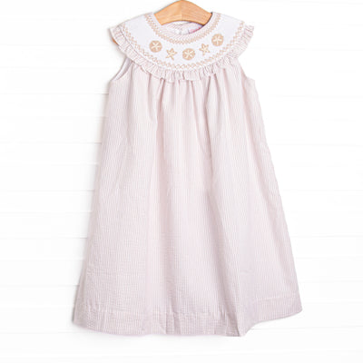 Beach is Better Smocked Bib Dress, Tan Seersucker