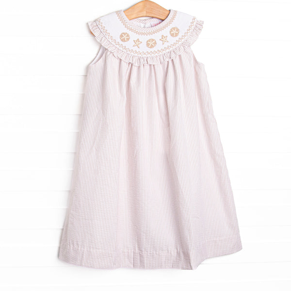Beach is Better Smocked Bib Dress, Tan Seersucker