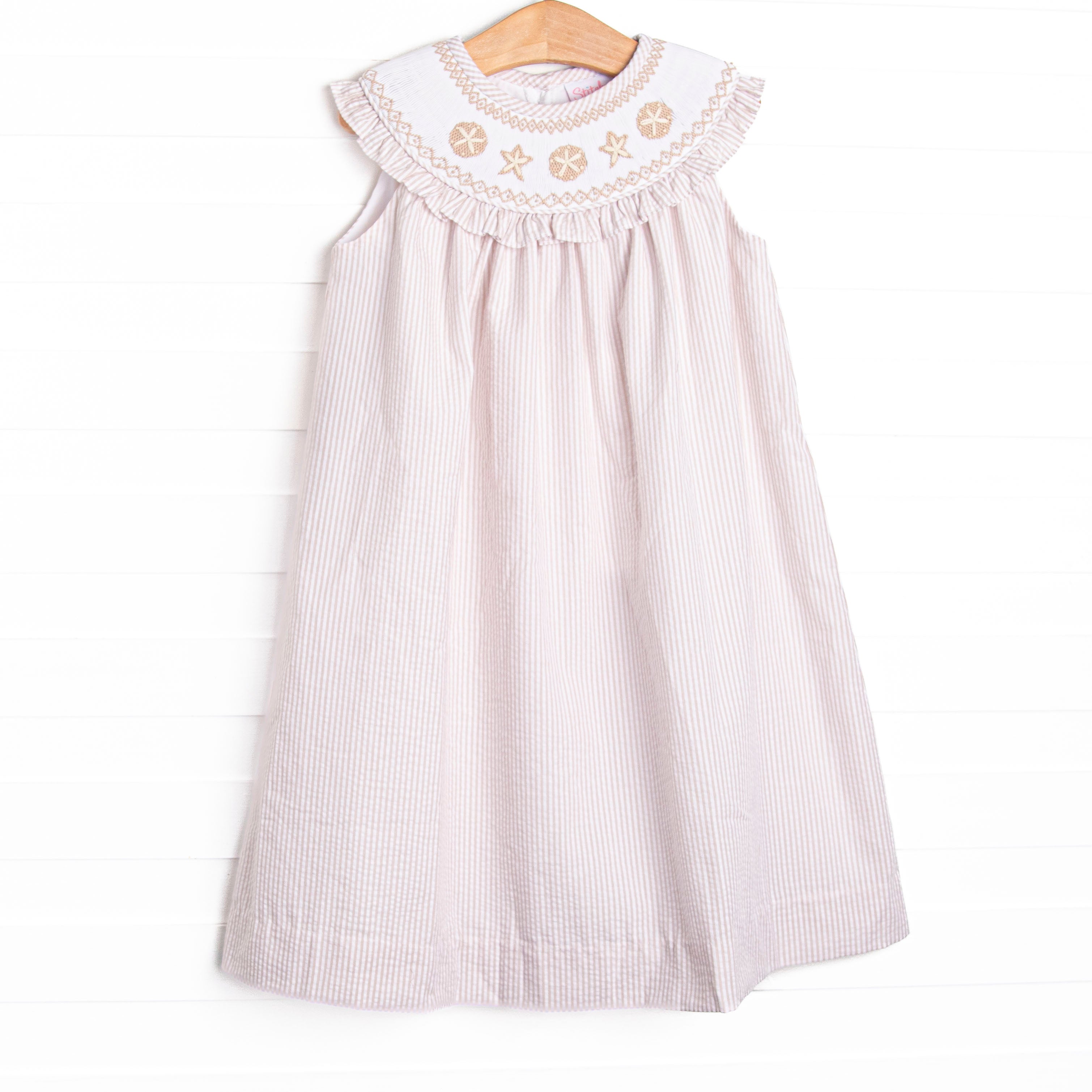 Beach is Better Smocked Bib Dress, Tan Seersucker  Stitchy Fish