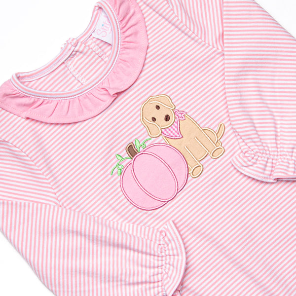 Pumpkin Pup Applique Ruffle Romper, Pink