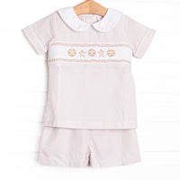 Beach is Better Smocked Collared Short Set, Tan Seersucker