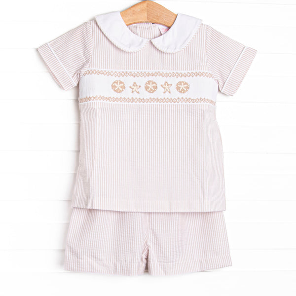 Beach is Better Smocked Collared Short Set, Tan Seersucker