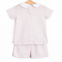 Beach is Better Smocked Collared Short Set, Tan Seersucker