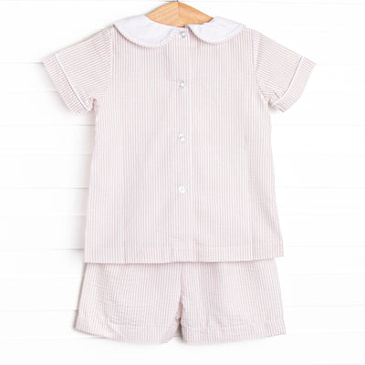 Beach is Better Smocked Collared Short Set, Tan Seersucker