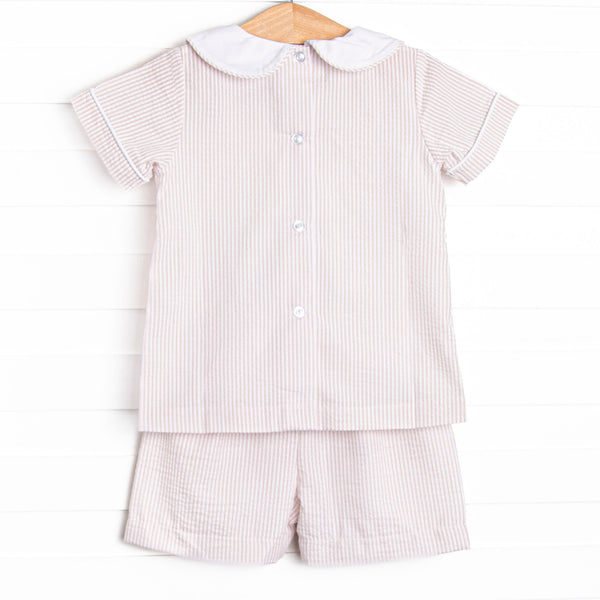 Beach is Better Smocked Collared Short Set, Tan Seersucker