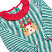 Santa's Best Friend Applique Ruffle Romper, Green