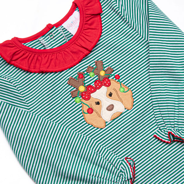 Santa's Best Friend Applique Ruffle Romper, Green
