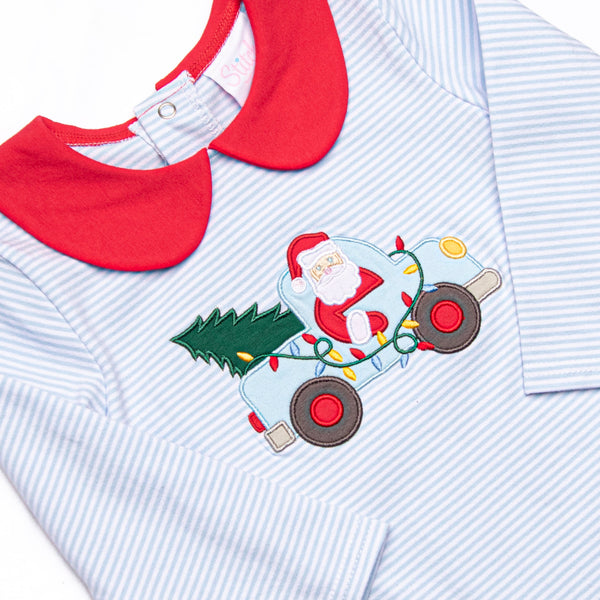 Christmas Cargo Applique Romper, Blue Stripe