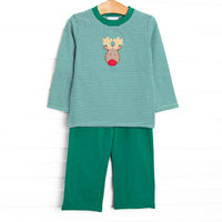 This set features a green striped print,&nbsp; a reindeer applique, and green pants to match.