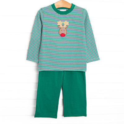 This set features a green striped print,&nbsp; a reindeer applique, and green pants to match.