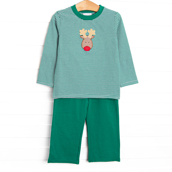 This set features a green striped print,&nbsp; a reindeer applique, and green pants to match.