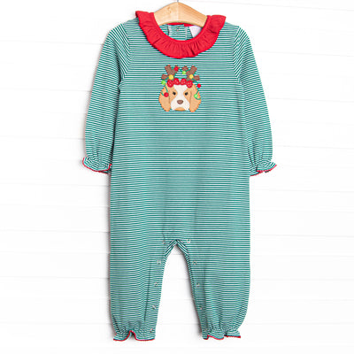 This romper features a green striped print, a red ruffle collar, and a festive puppy applique.