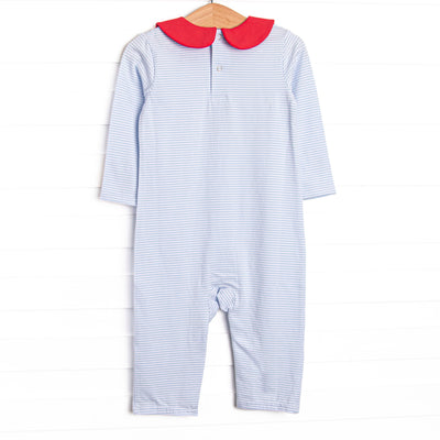 Christmas Cargo Applique Romper, Blue Stripe