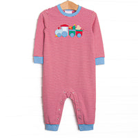  This romper features a red stripe print, blue trim, and a Christmas train applique. 