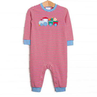  This romper features a red stripe print, blue trim, and a Christmas train applique. 