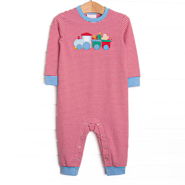  This romper features a red stripe print, blue trim, and a Christmas train applique. 