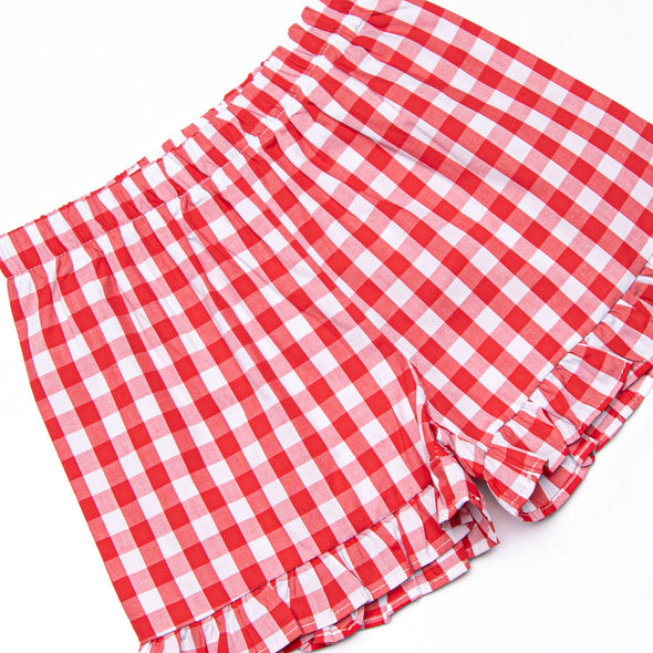 Granny Smith Gingham Applique Ruffle Short Set, Red