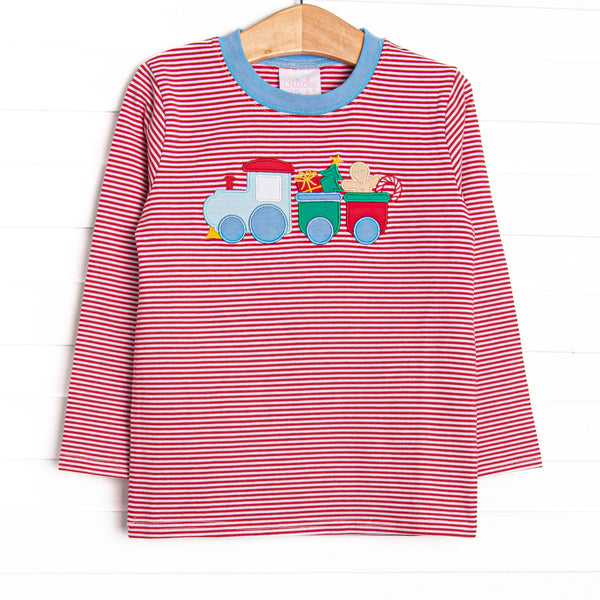 This top features a red stripe print, blue trim, and a Christmas train applique.