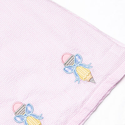 Pencil Me In Applique Dress, Pink Seersucker