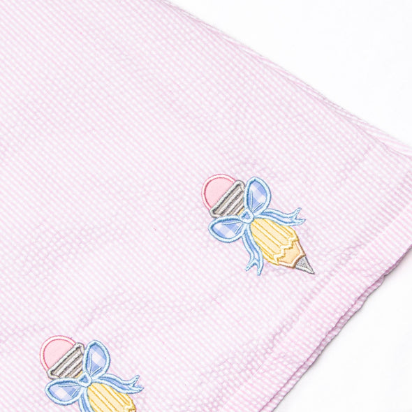 Pencil Me In Applique Ruffle Short Set, Pink Seersucker