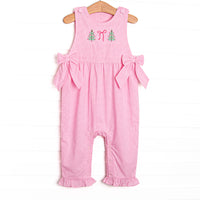 This romper features a pink gingham print, bows on the sides, and Christmas tree and bow embroidery.